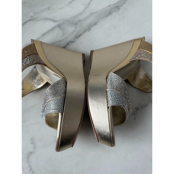 RENE CAOVILLA Gold Leather Swarovski Crystal Strass Platform Wedges Size 40 - Picture 5 of 10